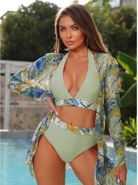3pc Tropical Bikini Set w Cover Up Green High Waist Small